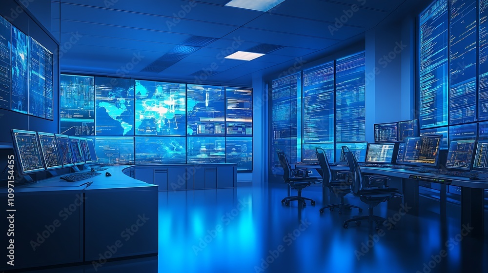 Aufkleber advanced cybersecurity operations center with blue digital screens : generative ai