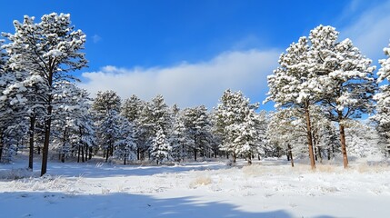 Snow-covered landscape with pine trees under a bright blue sky.