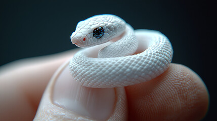 Fototapeta premium Tiny White Snake Held in Human Fingers
