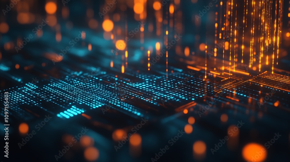 Aufkleber Futuristic Blue and Orange Digital Network with Glowing Bokeh Effects : Generative AI