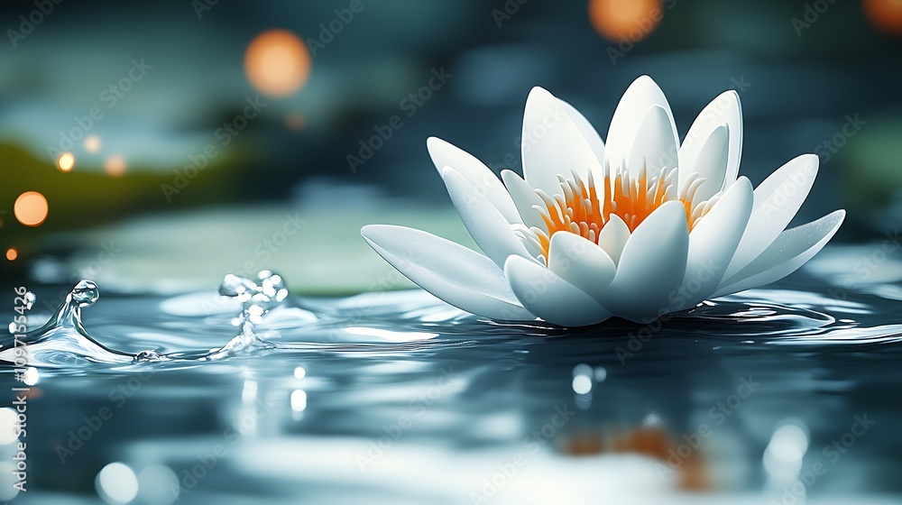 Poster exquisite white lotus blossoming amid rippling water with fiery core and captivating play of light r