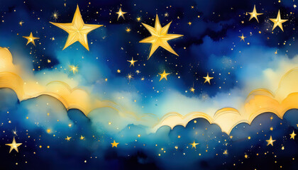 Fototapeta premium A gradient watercolor wash transitioning from deep navy to light gold, creating a celestial scene filled with soft, glowing stars and an ethereal quality that evokes a sense of wonder.