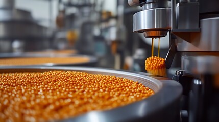 Industrial Automated Line Manufacturing Golden Pellets for Food Production Industry : Generative AI