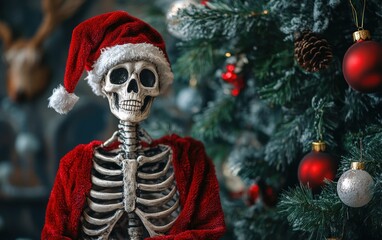 skeleton in santa hat at the computer laptop sit on the table and working christmas 