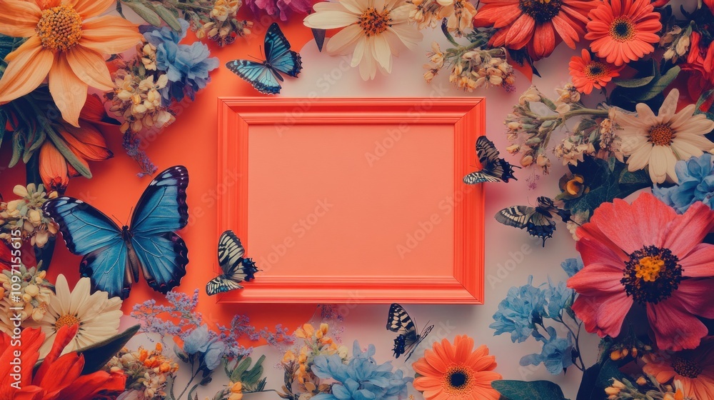 Aufkleber a vibrant floral arrangement with butterflies and a blank frame for customization.