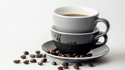 Obraz premium Cups stacked elegantly with coffee beans beside on a simple background