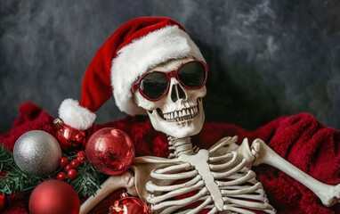 christmas funny skeleton in santa hat