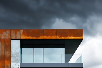 Sleek modern home facade with a blend of glass and oxidized metal panels, under a stormy sky.