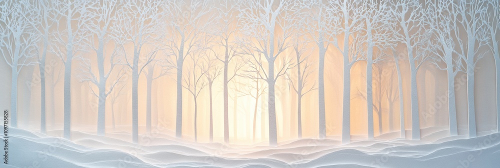 Aufkleber A tranquil winter forest features delicate white paper silhouettes of trees, creating a charming atmosphere with soft light in the background. Generative AI