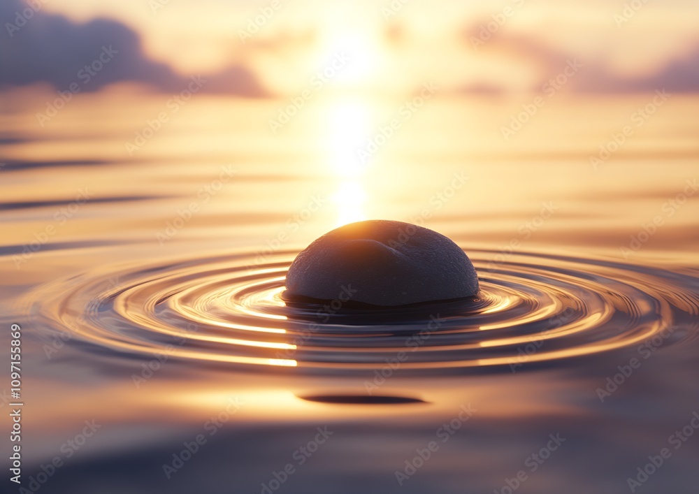 Poster balanced harmony with glowing sunset and central stone reflection in water : generative ai