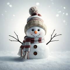 Obraz premium A hyper-realistic, 4K image of a snowman wearing a red hat and scarf, standing in a snowy landscape. The snowman has a carrot nose, coal eyes, and stick arms. The background is a solid pure white colo