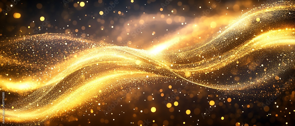 Poster radiant abstract gold streams with vibrant particles and light waves in motion : generative ai