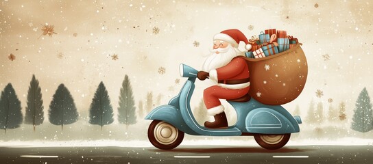 Claus riding a vintage scooter with a sack of gifts in a snowy forest. Concept of holiday delivery, Christmas spirit, and festive celebration.