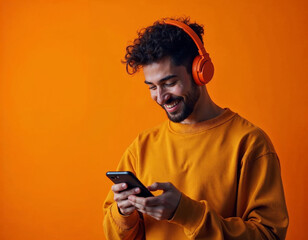 Young trendy man wearing sweatshirt and wireless headphones, smiling while looking at content on phone screen, isolated on orange background