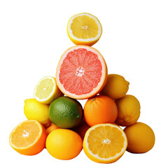 Fresh citrus fruits arranged in a colorful pyramid display