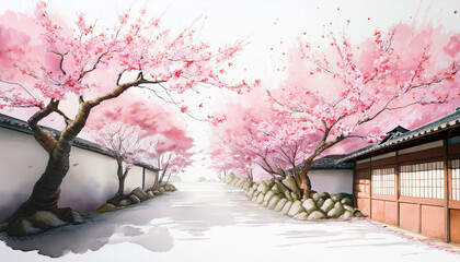 A minimalist Japanese-inspired watercolor featuring delicate pink cherry blossoms gently swaying against a soft, muted background, evoking tranquility and the beauty of spring.
