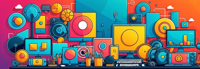 colorful and abstract illustration of a modern workspace filled with technology devices, creating a dynamic and creative atmosphere. Perfect for tech-related projects and digital backgrounds.