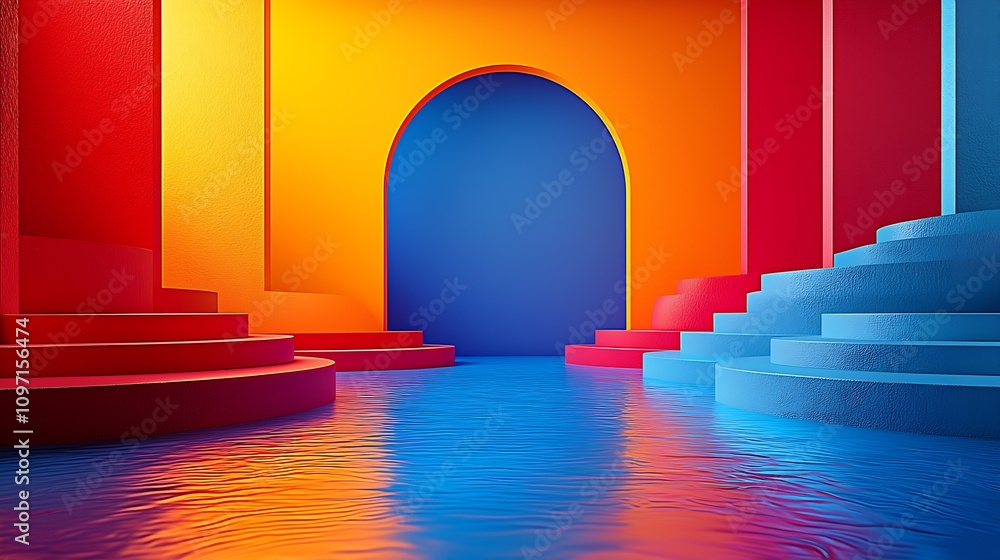 Aufkleber colorful architectural design with arched entrances and water feature reflecting vivid hues : genera