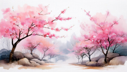 A minimalist Japanese-inspired watercolor featuring delicate pink cherry blossoms gently swaying against a soft, muted background, evoking tranquility and the beauty of spring.
