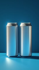 Close up of two metallic beverage cans on a blue surface under soft lighting during evening hours