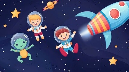 Astronauts and Alien Explore Space With Rocket