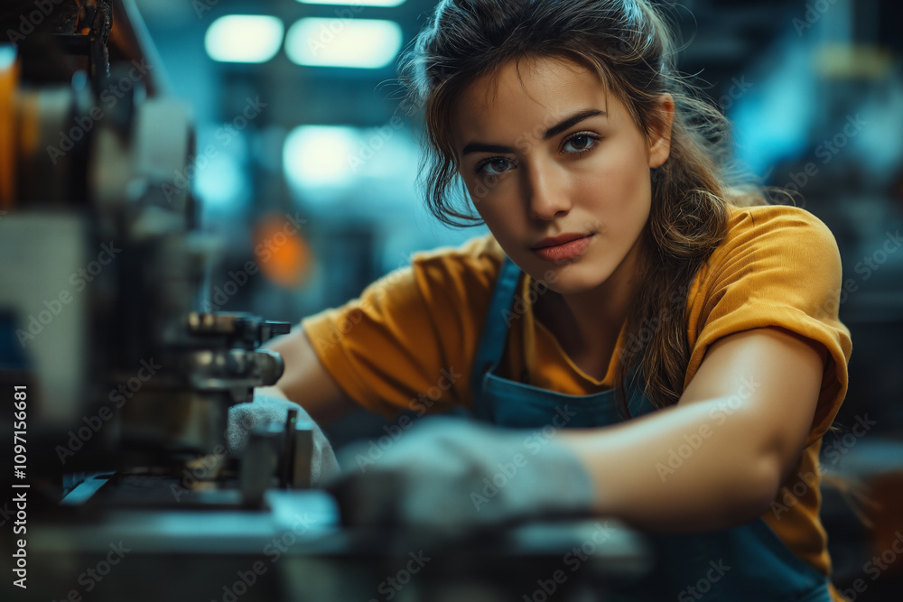 Poster young woman working with machinery in a factory setting with focused expression. generative ai