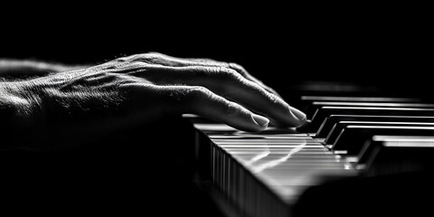 Close-up of hands playing piano keys, captured in high-contrast black and white, highlighting texture, emotion, and musical expression.
