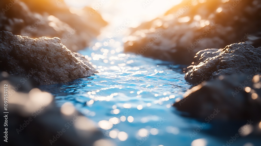 Poster Calm Flowing Stream by Rocks with Sunlight Streaming Through : Generative AI