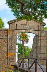 Colonia del Sacramento,  Uruguay  - December 21. 2019:  View of the Colonia historic quarter,  one of the oldest towns in Uruguay and famous for it's colonial Portuguese and Spanish buildings . Coloni