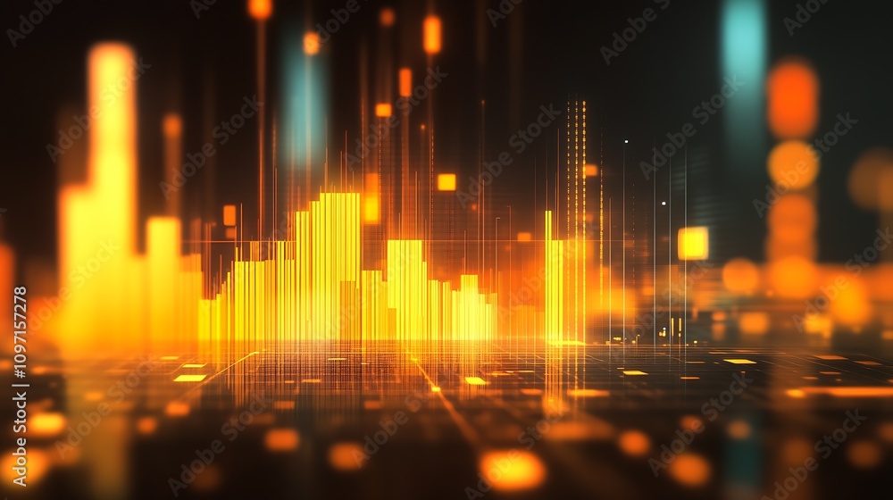 Poster Vibrant abstract digital data visualization with golden bar graphs and futuristic lights : Generative AI