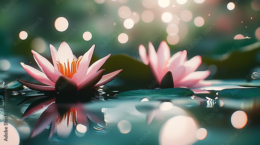 Aufkleber serenity in nature peaceful pink water lilies blooming with glowing bokeh in tranquil waters : gener