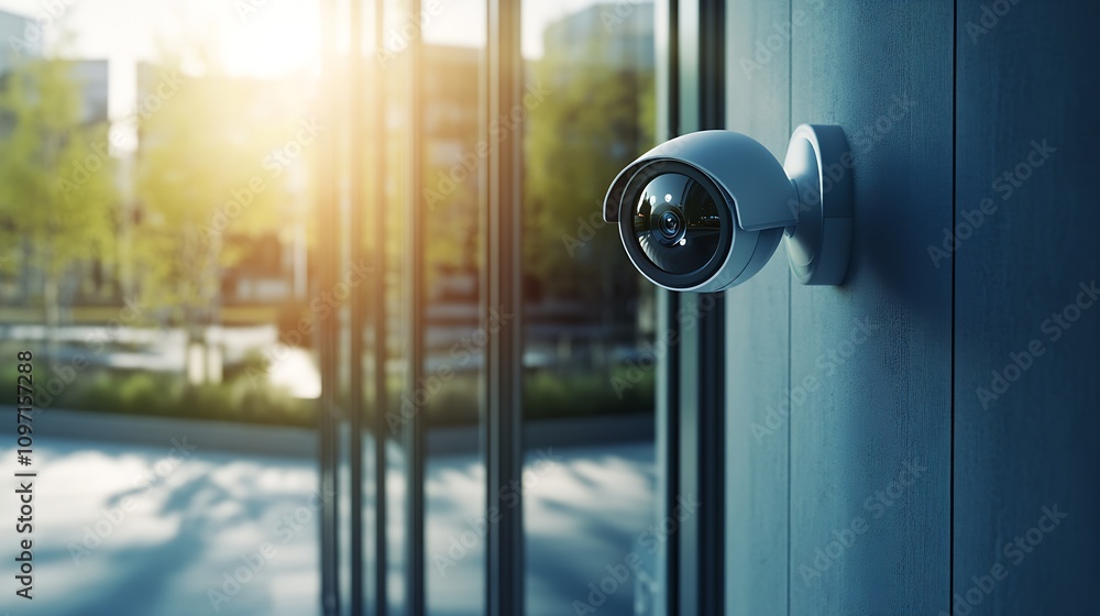 Poster advanced security camera mounted on corner of contemporary building at sunrise : generative ai
