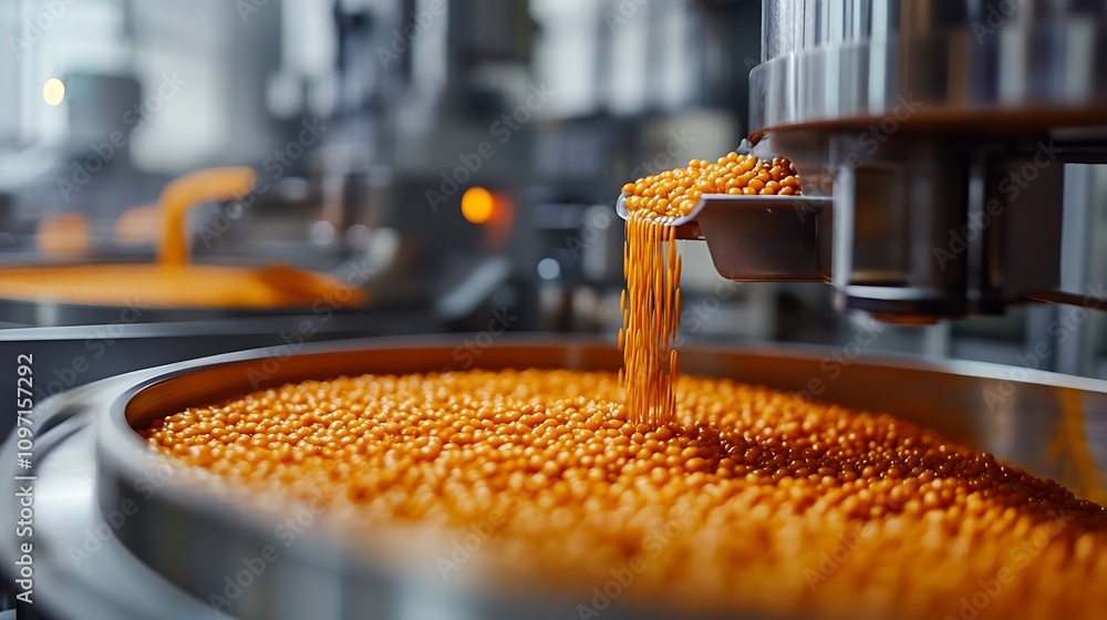 Leinwandbilder Advanced Automated Machinery for Food Processing with Golden Pellets in Factory : Generative AI