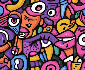 Colorful abstract art showcasing whimsical faces and shapes