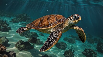 Obraz premium Majestic sea turtle gracefully swimming over vibrant coral reef in sunlit ocean.