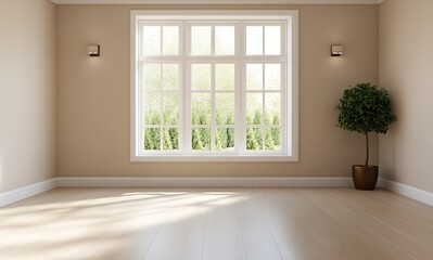 Inviting Interior Living Space Highlighting Large Bright Window with Verdant Trees View : Generative AI