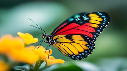 Fototapeta premium Vivid Monarch Butterfly on Yellow Flower in Lush Greenery Captivating Nature Close Up : Generative AI