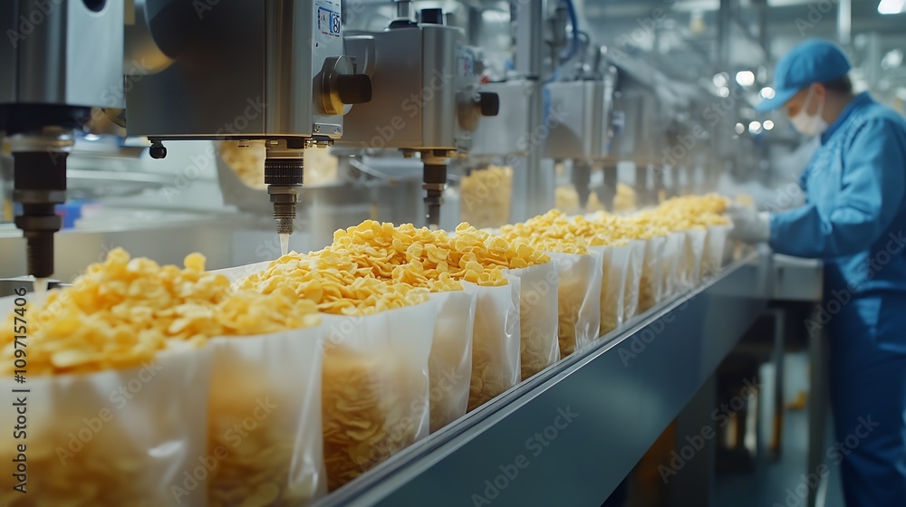 Poster efficient cornflakes packaging in advanced cereal production facility : generative ai
