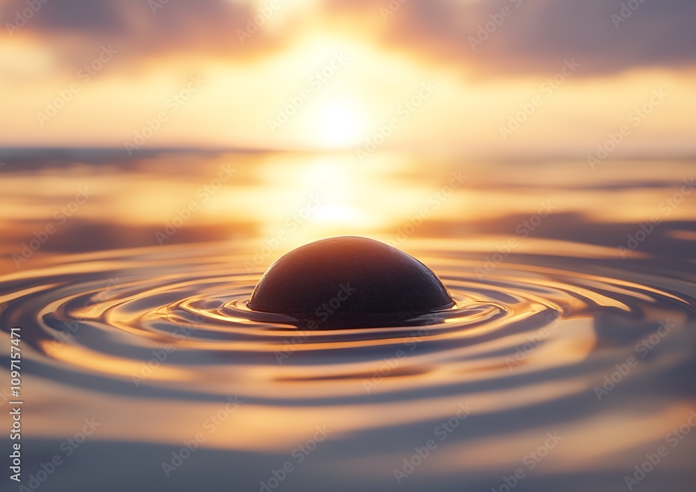 Aufkleber tranquil ocean sunset with stone reflection and ripple effects : generative ai