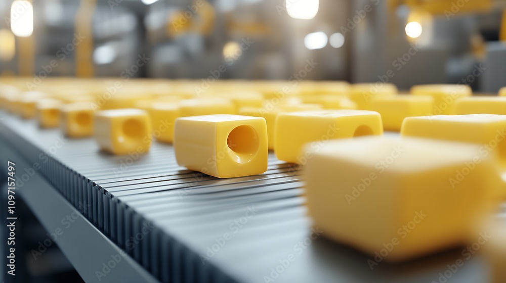 Poster closeup of cheese cubes on conveyor belt in modern food processing factory : generative ai