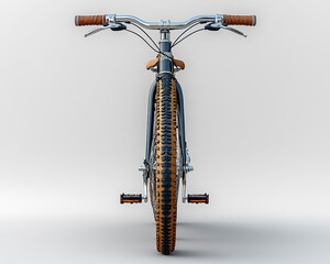 Front View of Vintage Bicycle with Brown Leather Grips and Knobby Tires on Neutral Background