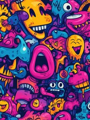 Vibrant abstract illustration of colorful cartoon characters and faces