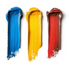 Fototapeta premium Bright blue, yellow, and red oil paint strokes on white background