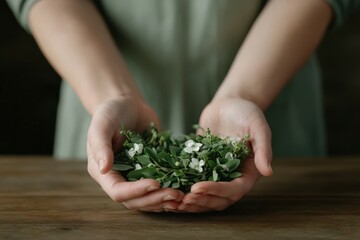 Person holding a variety of green plants and white flowers in hands