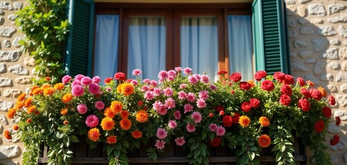 Colorful flowers bloom on balcony. Potted plants decorate window. Bright red pink orange blossoms. Summer garden scene. Idyllic view. Sunny terrace. Floral balcony decor. City landscape. Home