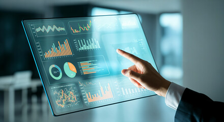 Interactive digital display of financial data in modern office setting