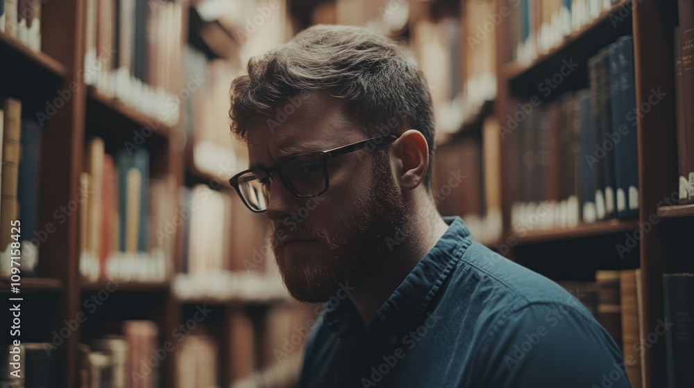 Poster a contemplative man in a library, surrounded by books, reflecting on knowledge.