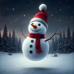 Obraz premium A hyper-realistic, 4K image of a snowman wearing a red hat and scarf, standing in a snowy landscape. The snowman has a carrot nose, coal eyes, and stick arms. The background is a solid pure white colo