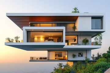 Ultra-modern home elevation featuring a floating design with cantilevered floors and minimalist detailing, noon clarity.