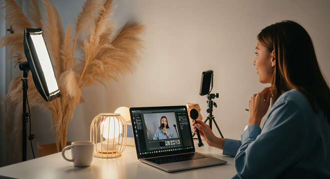 Content creator editing beauty vlog with studio lighting and professional equipment